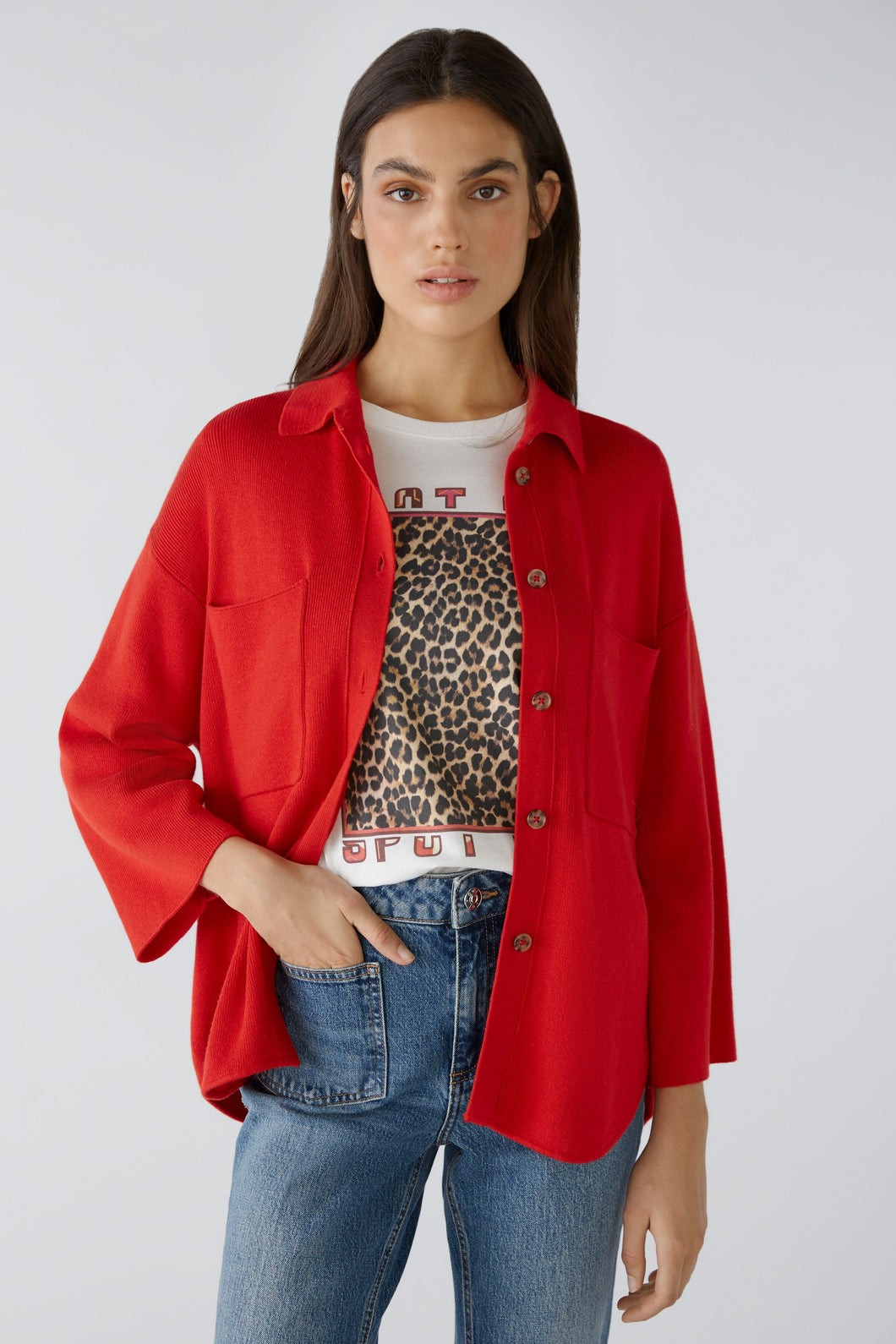Oui - Red Cardigan in Viscose, Cotton and Silk