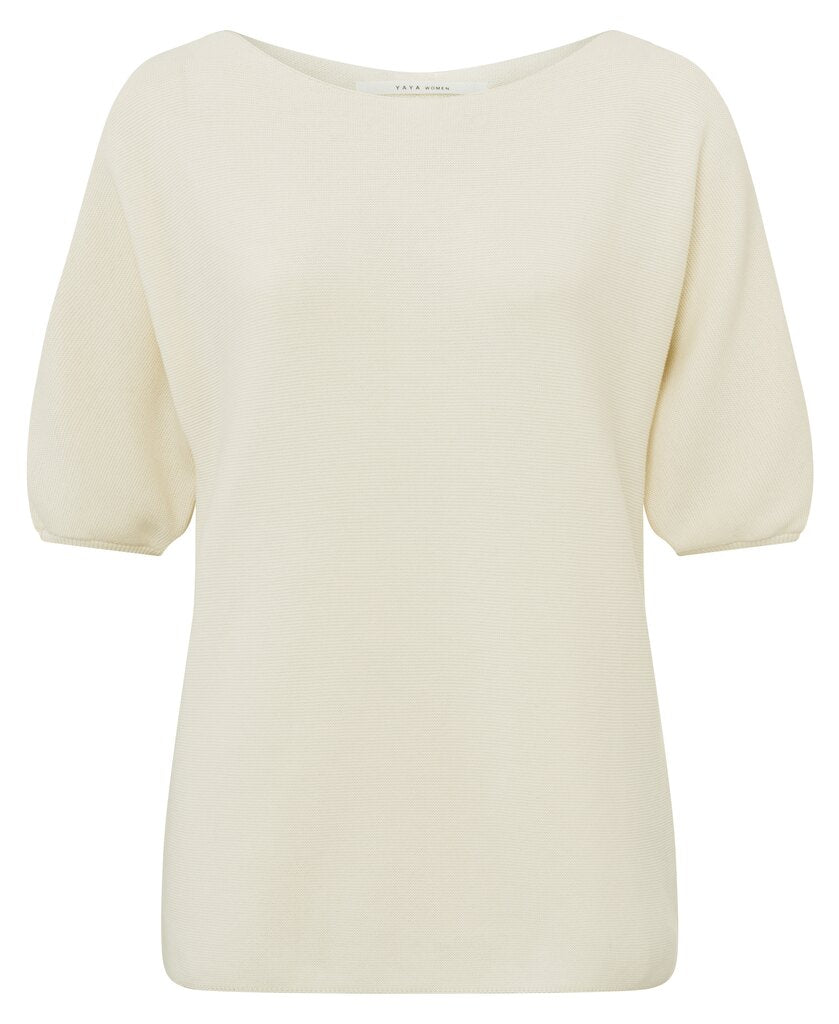 Yaya - Sweater with boatneck and short balloon sleeves in cotton in Ivory