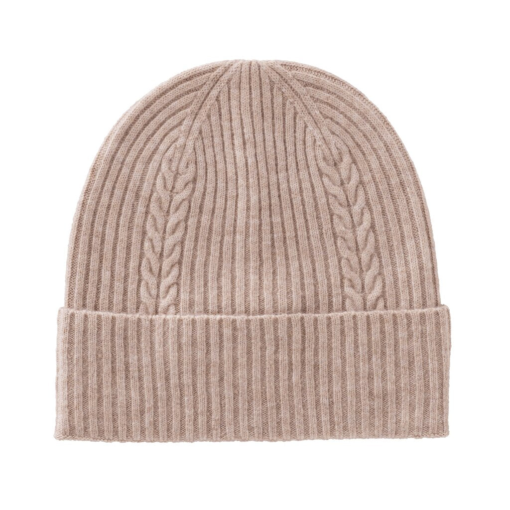 Yaya - Knitted hat with ribbed pattern and turned-up edge in Beige