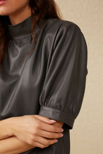 Load image into Gallery viewer, Yaya -  Faux leather top with high neck and short puff sleeves
