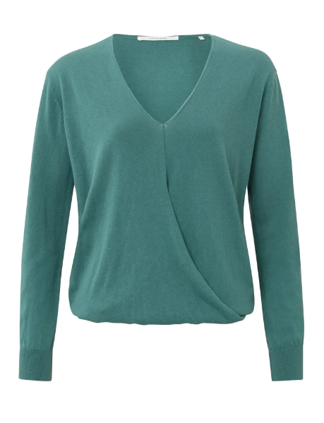 Yaya - Wrap sweater with V-neck, long sleeves and ribbed details - Hydro Blue