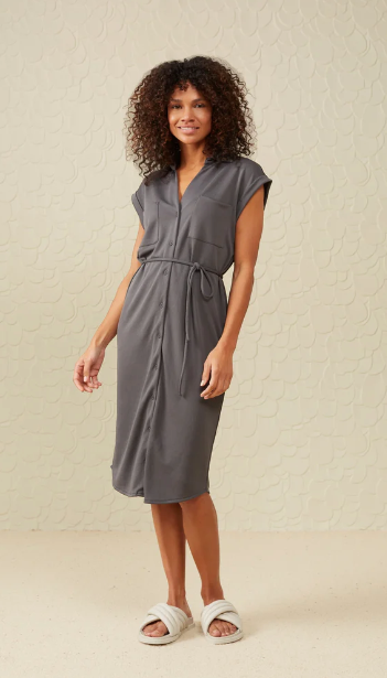 Yaya - Sleeveless dress with buttons, pockets and waist cord - Magnet Grey