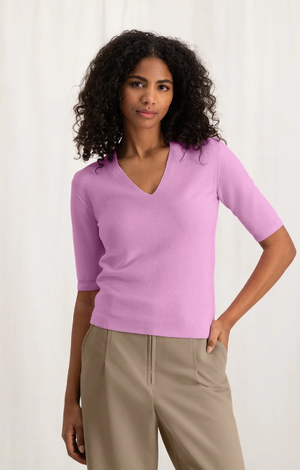 Yaya  - Cotton sweater with V-neck and halflong sleeves with detail