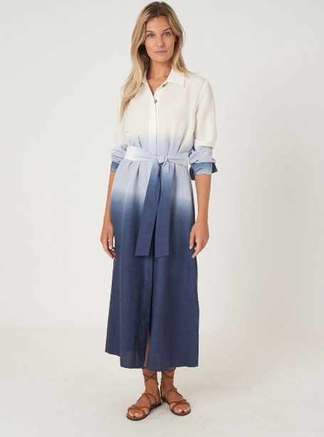Repeat - Long Shirt Dress with Dip Dye Print & Belt in white/blue