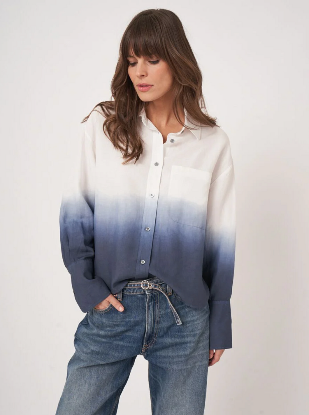 Repeat - Linen blend shirt with dip dye print in Blue/White