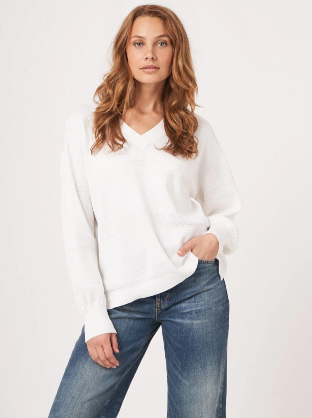 Repeat - V-neck sweater with textured stripes in White