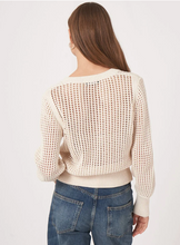 Load image into Gallery viewer, Repeat - Pure cotton openwork knit sweater with tie in Ivory

