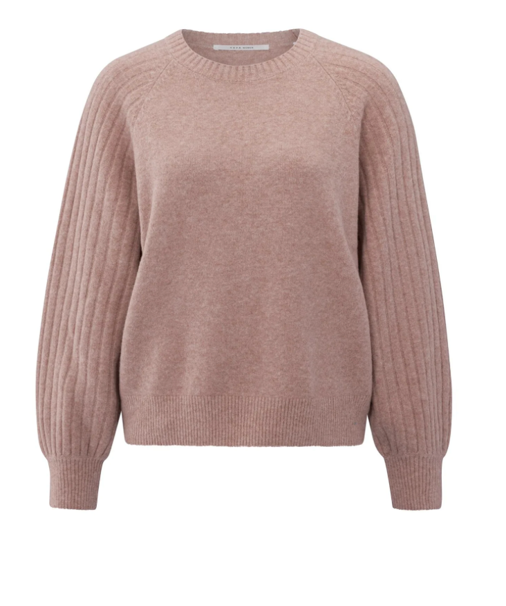 Yaya - Knitted sweater with ribbed sleeves and round neck in Blush
