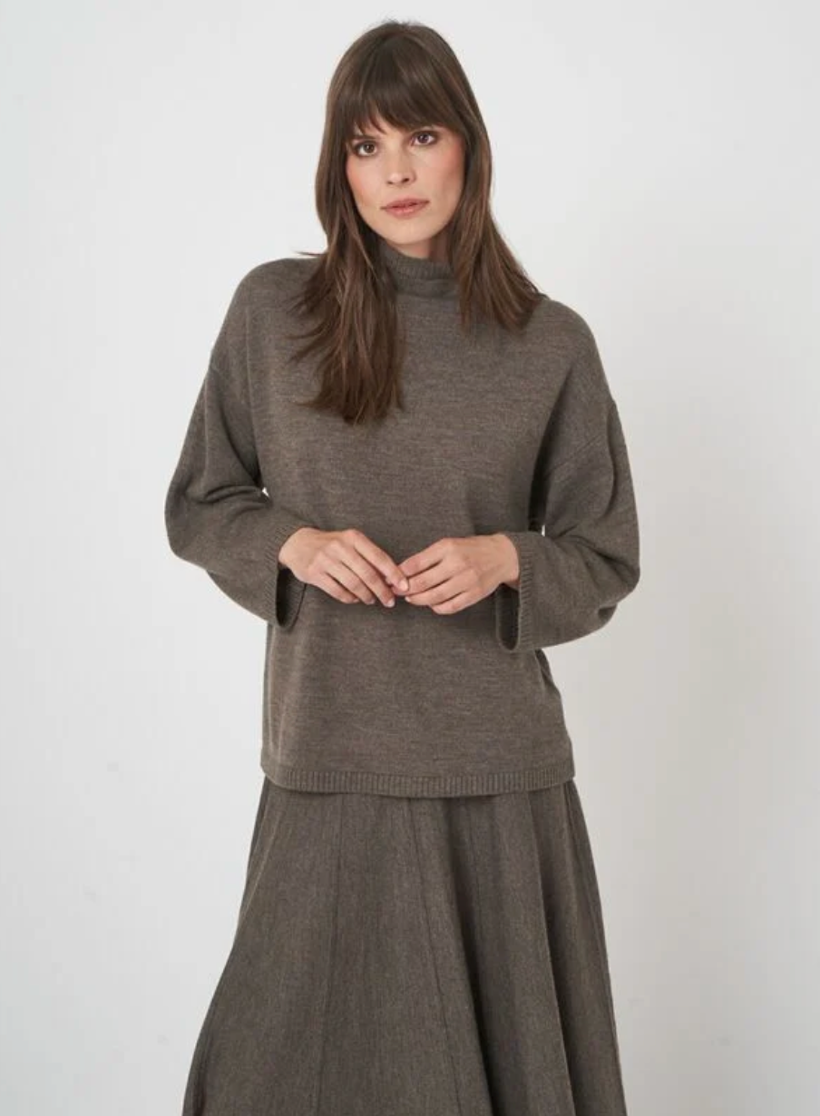 Repeat - 3/4 Sleeve Merino Wool Sweater With Stand Collar