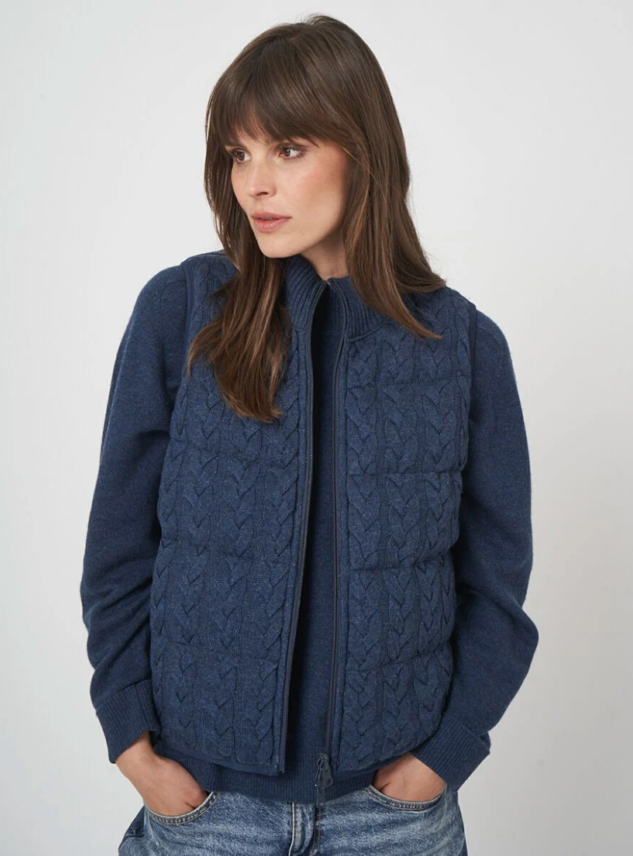 Repeat - Reversable Sleeveless Cable Knit Down Vest in Dark Blue