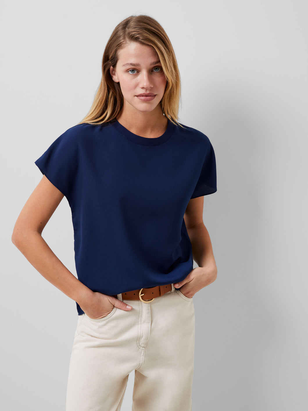 French Connection - Crepe Light Crew Neck Top in Navy